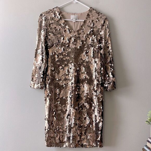 Donna Morgan Gold Sequin Party Dress Women’s Size 2 V-Neck Cocktail XS $188 - Picture 1 of 3